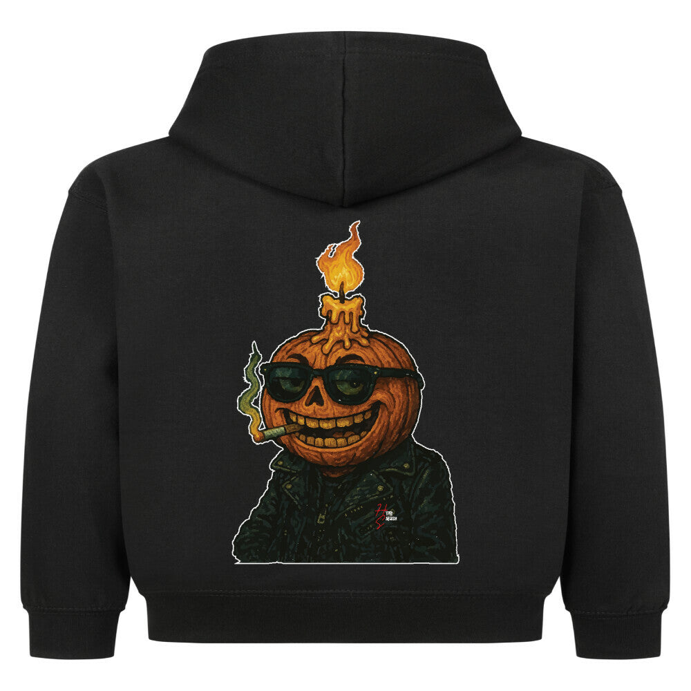 Hoodie Kids in Schwarz mit einem Halloween Kürbiskopf Motiv und Hyped Sarcasm Logo Rückansicht
