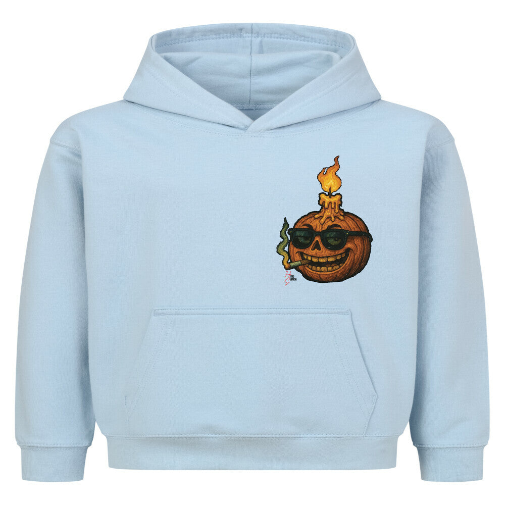 Hoodie Kids in Babyblau mit einem Halloween Kürbiskopf Motiv und Hyped Sarcasm Logo auf Brusthöhe Vorderansicht