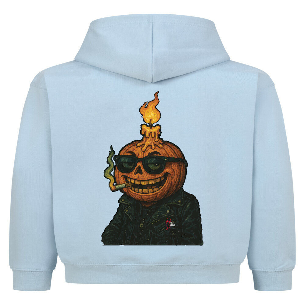 Hoodie Kids in Babyblau mit einem Halloween Kürbiskopf Motiv und Hyped Sarcasm Logo Rückansicht