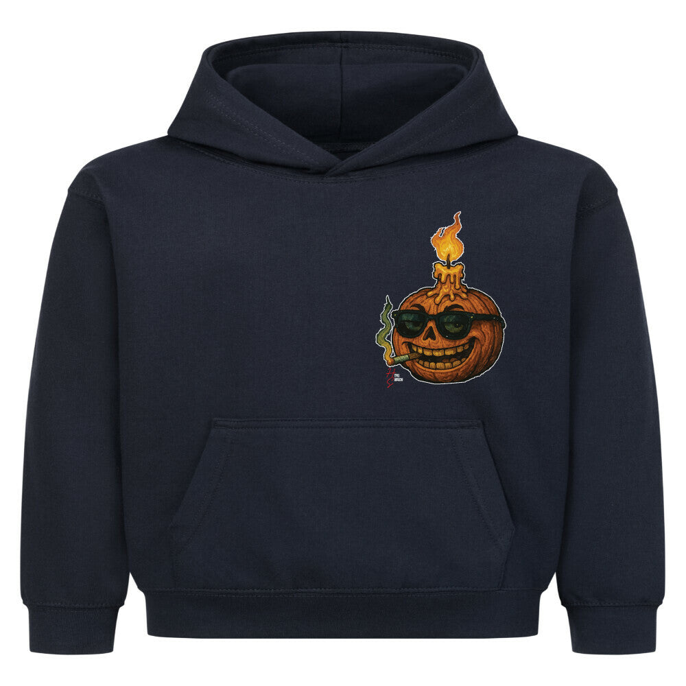 Hoodie Kids in French Navy mit einem Halloween Kürbiskopf Motiv und Hyped Sarcasm Logo auf Brusthöhe Vorderansicht