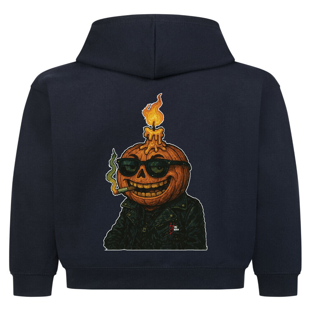 Hoodie Kids in French Navy mit einem Halloween Kürbiskopf Motiv und Hyped Sarcasm Logo Rückansicht