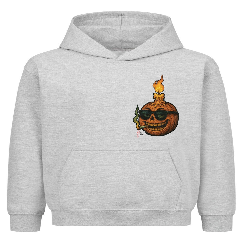 Hoodie Kids in Heather Grey mit einem Halloween Kürbiskopf Motiv und Hyped Sarcasm Logo auf Brusthöhe Vorderansicht