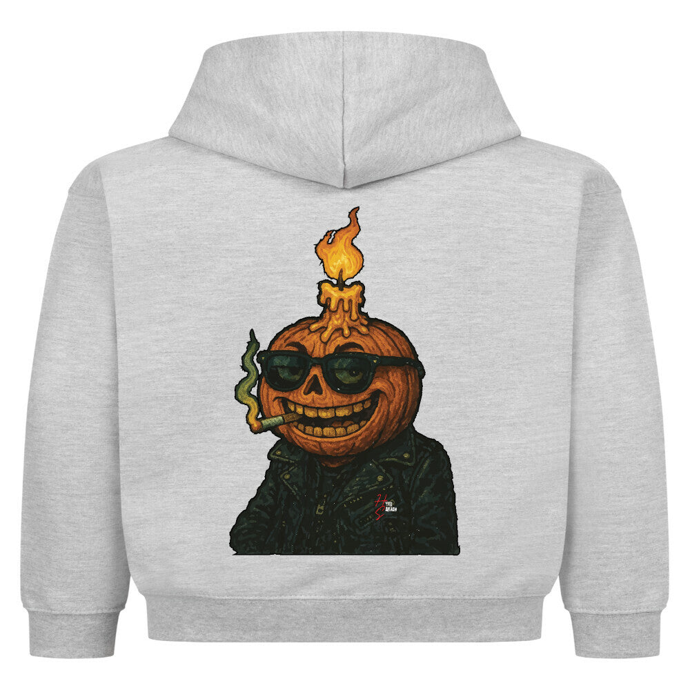 Hoodie Kids in Heather Grey mit einem Halloween Kürbiskopf Motiv und Hyped Sarcasm Logo Rückansicht