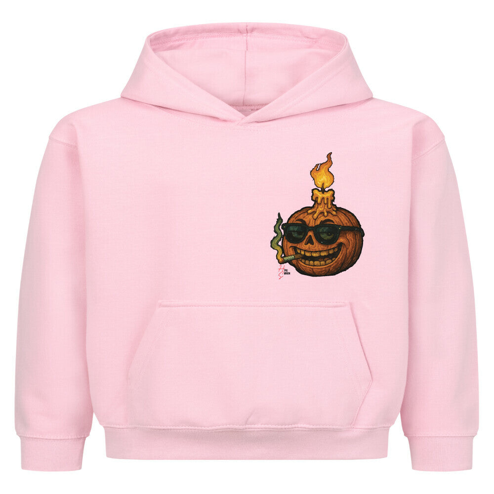 Hoodie Kids in Pink mit einem Halloween Kürbiskopf Motiv und Hyped Sarcasm Logo auf Brusthöhe Vorderansicht