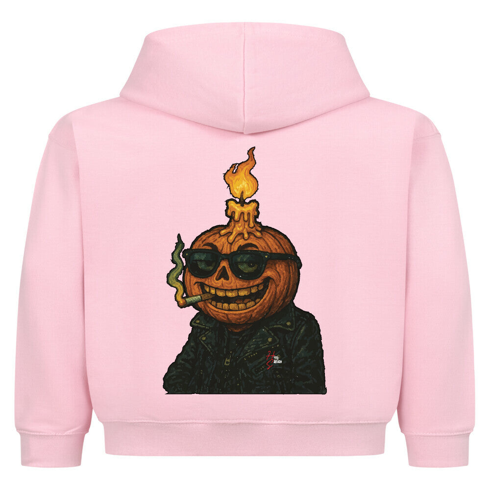 Hoodie Kids in Pink mit einem Halloween Kürbiskopf Motiv und Hyped Sarcasm Logo Rückansicht