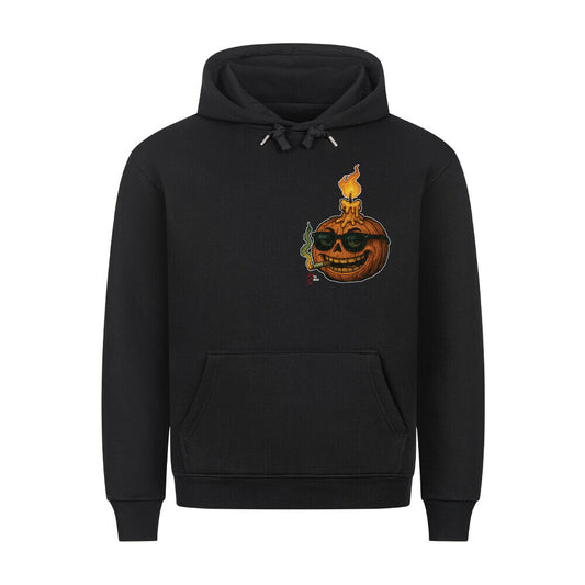 HigherBlanks Premium Hoodie in Schwarz mit einem Halloween Kürbiskopf Motiv und Hyped Sarcasm Logo auf Brusthöhe Vorderansicht