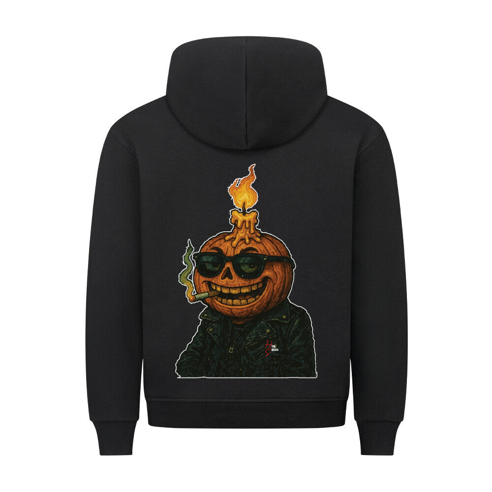 HigherBlanks Premium Hoodie in Schwarz mit einem Halloween Kürbiskopf Motiv und Hyped Sarcasm Logo Rückansicht