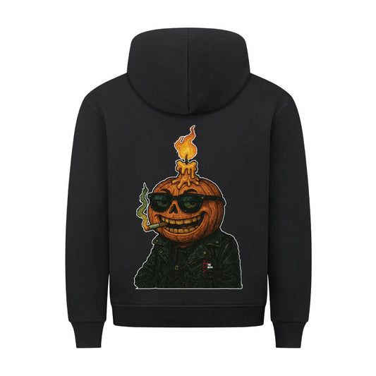 HigherBlanks Premium Hoodie in Schwarz mit einem Halloween Kürbiskopf Motiv und Hyped Sarcasm Logo Rückansicht