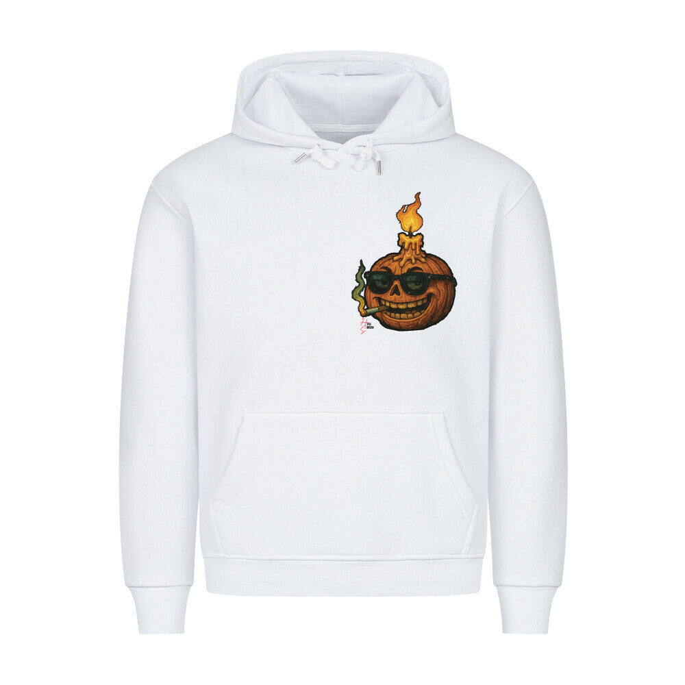 HigherBlanks Premium Hoodie in Weiß mit einem Halloween Kürbiskopf Motiv und Hyped Sarcasm Logo auf Brusthöhe Vorderansicht