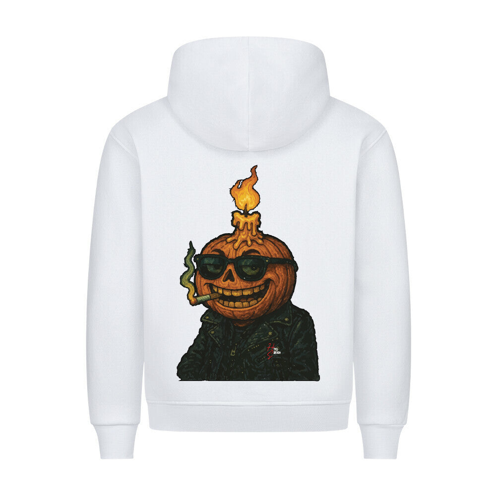 HigherBlanks Premium Hoodie in Weiß mit einem Halloween Kürbiskopf Motiv und Hyped Sarcasm Logo Rückansicht