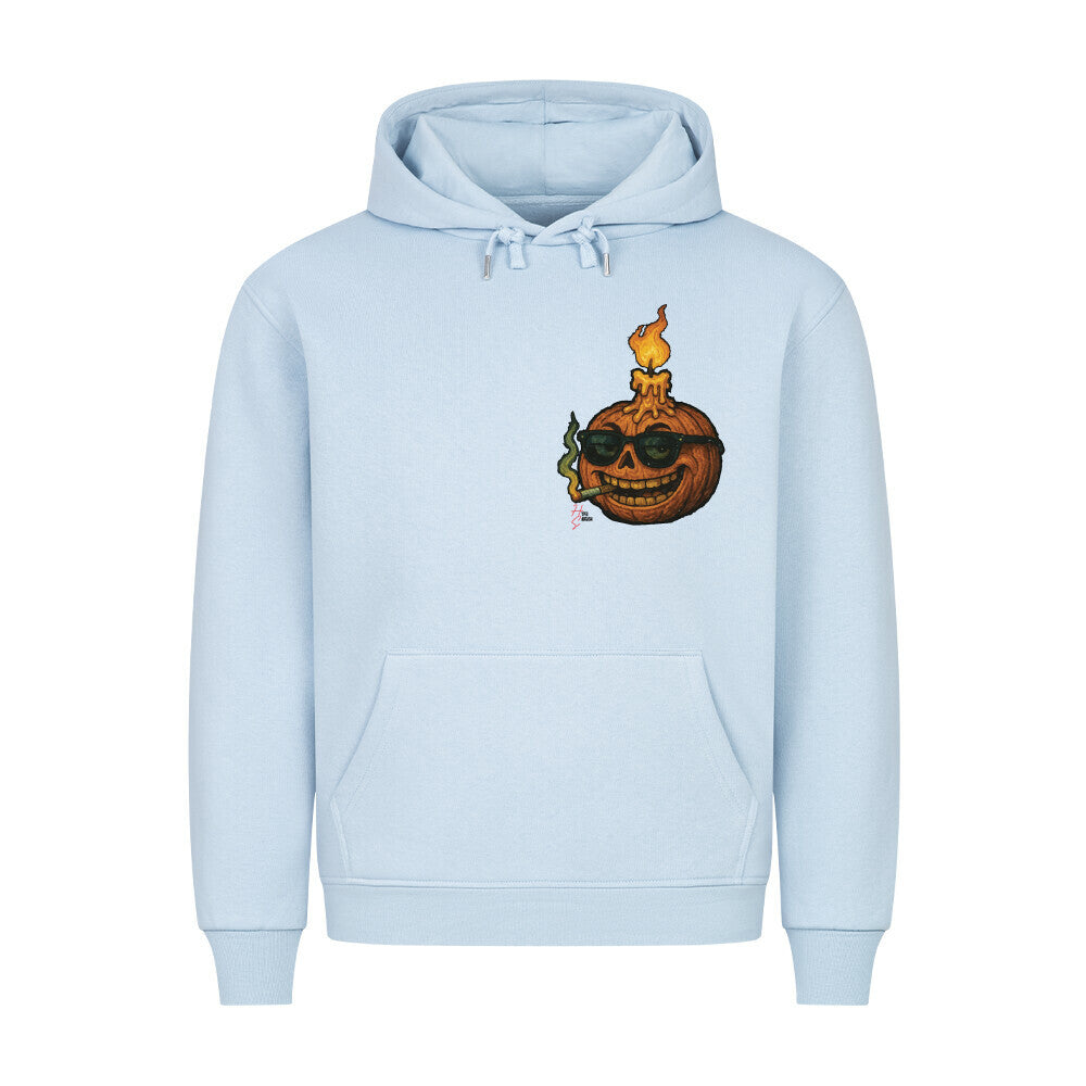 HigherBlanks Premium Hoodie in Babyblau mit einem Halloween Kürbiskopf Motiv und Hyped Sarcasm Logo auf Brusthöhe Vorderansicht