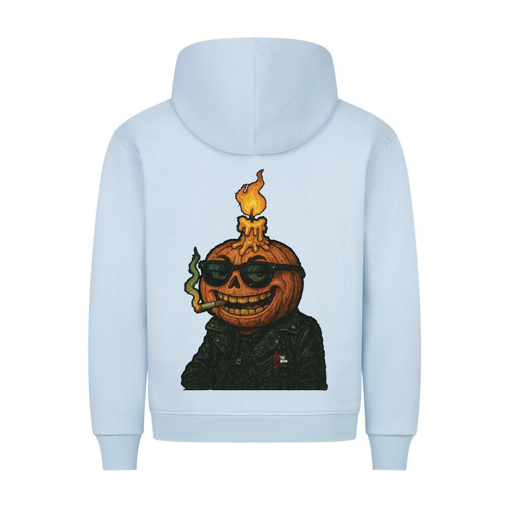 HigherBlanks Premium Hoodie in Babyblau mit einem Halloween Kürbiskopf Motiv und Hyped Sarcasm Logo Rückansicht