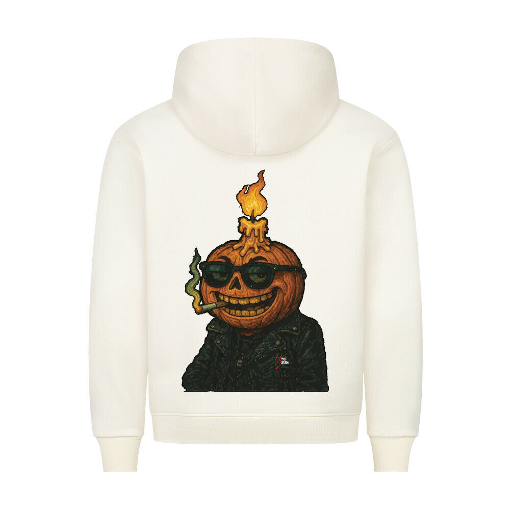 HigherBlanks Premium Hoodie in Beige mit einem Halloween Kürbiskopf Motiv und Hyped Sarcasm Logo Rückansicht