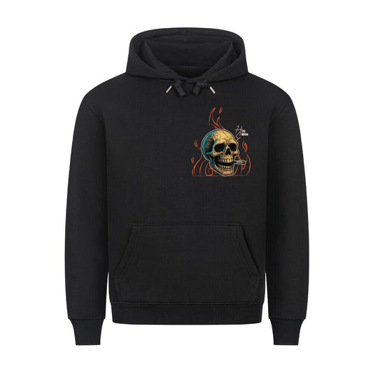 HigherBlanks Premium Hoodie in Schwarz mit einem Halloween Skelett Motiv und Hyped Sarcasm Logo auf Brusthöhe Vorderansicht