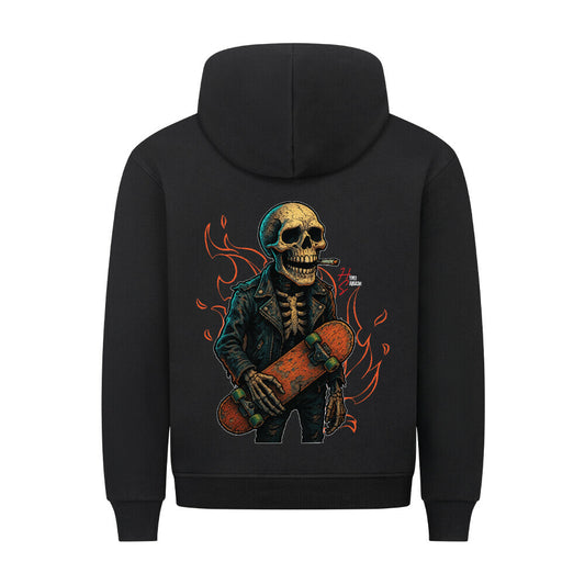 HigherBlanks Premium Hoodie in Schwarz mit einem Halloween Skelett Motiv und Hyped Sarcasm Logo Rückansicht