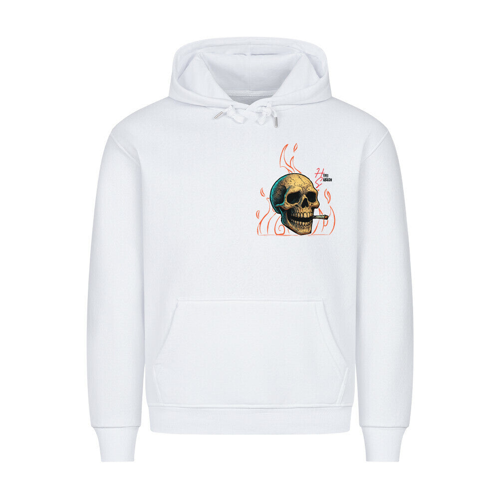 HigherBlanks Premium Hoodie in Weiß mit einem Halloween Skelett Motiv und Hyped Sarcasm Logo auf Brusthöhe Vorderansicht