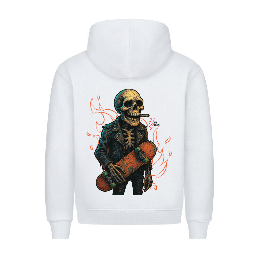 HigherBlanks Premium Hoodie in Weiß mit einem Halloween Skelett Motiv und Hyped Sarcasm Logo Rückansicht