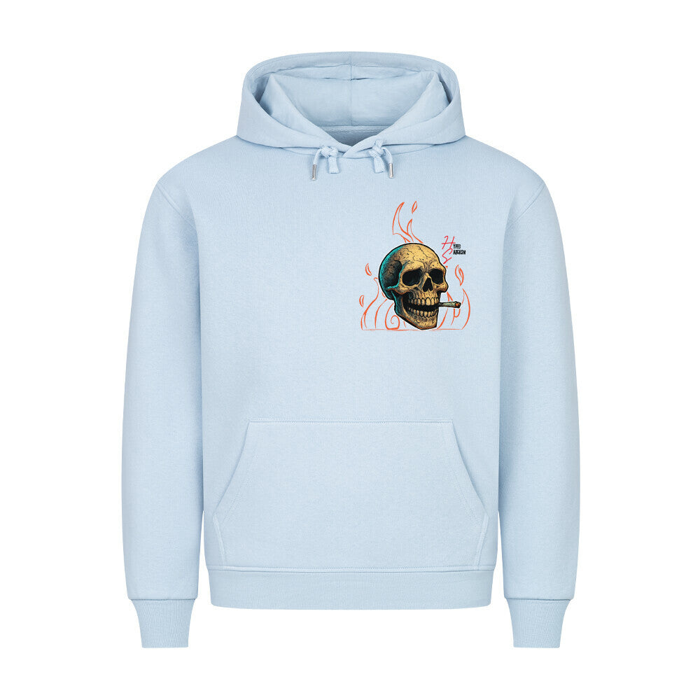 HigherBlanks Premium Hoodie in Babyblau mit einem Halloween Skelett Motiv und Hyped Sarcasm Logo auf Brusthöhe Vorderansicht