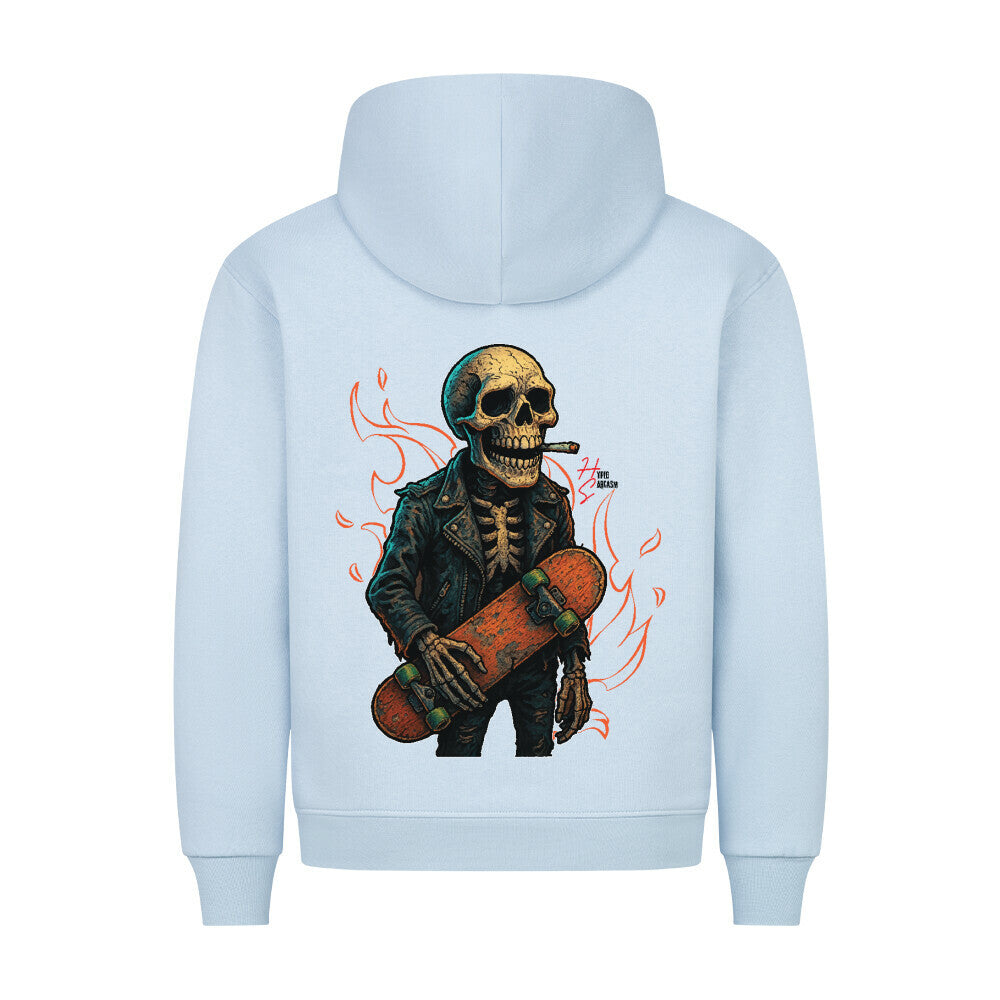 HigherBlanks Premium Hoodie in Babyblau mit einem Halloween Skelett Motiv und Hyped Sarcasm Logo Rückansicht