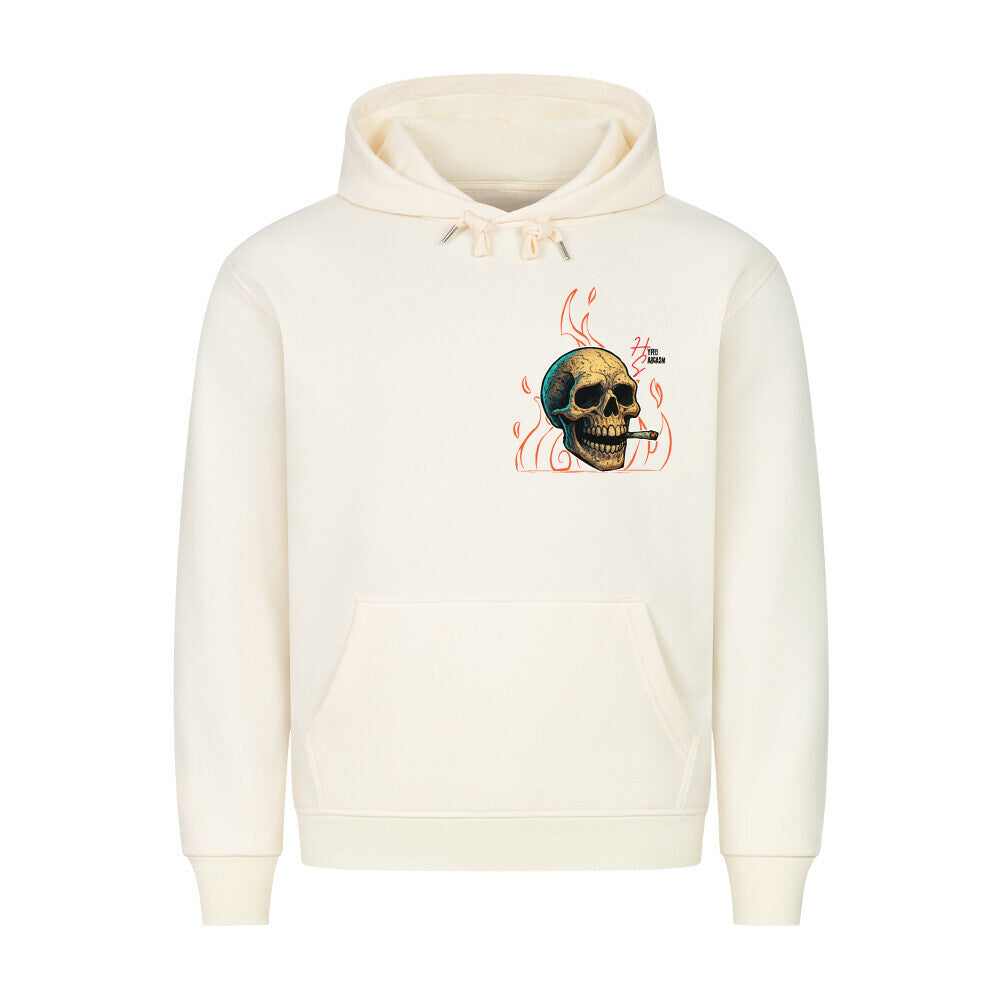 HigherBlanks Premium Hoodie in Beige mit einem Halloween Skelett Motiv und Hyped Sarcasm Logo auf Brusthöhe Vorderansicht