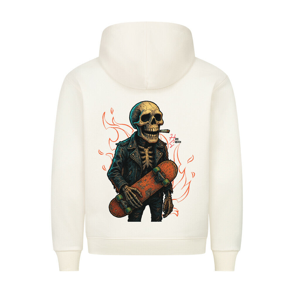 HigherBlanks Premium Hoodie in Beige mit einem Halloween Skelett Motiv und Hyped Sarcasm Logo Rückansicht