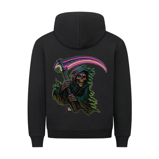 HigherBlanks Premium Hoodie in Schwarz mit einem Halloween Sensenmann Motiv und Hyped Sarcasm Logo Rückansicht