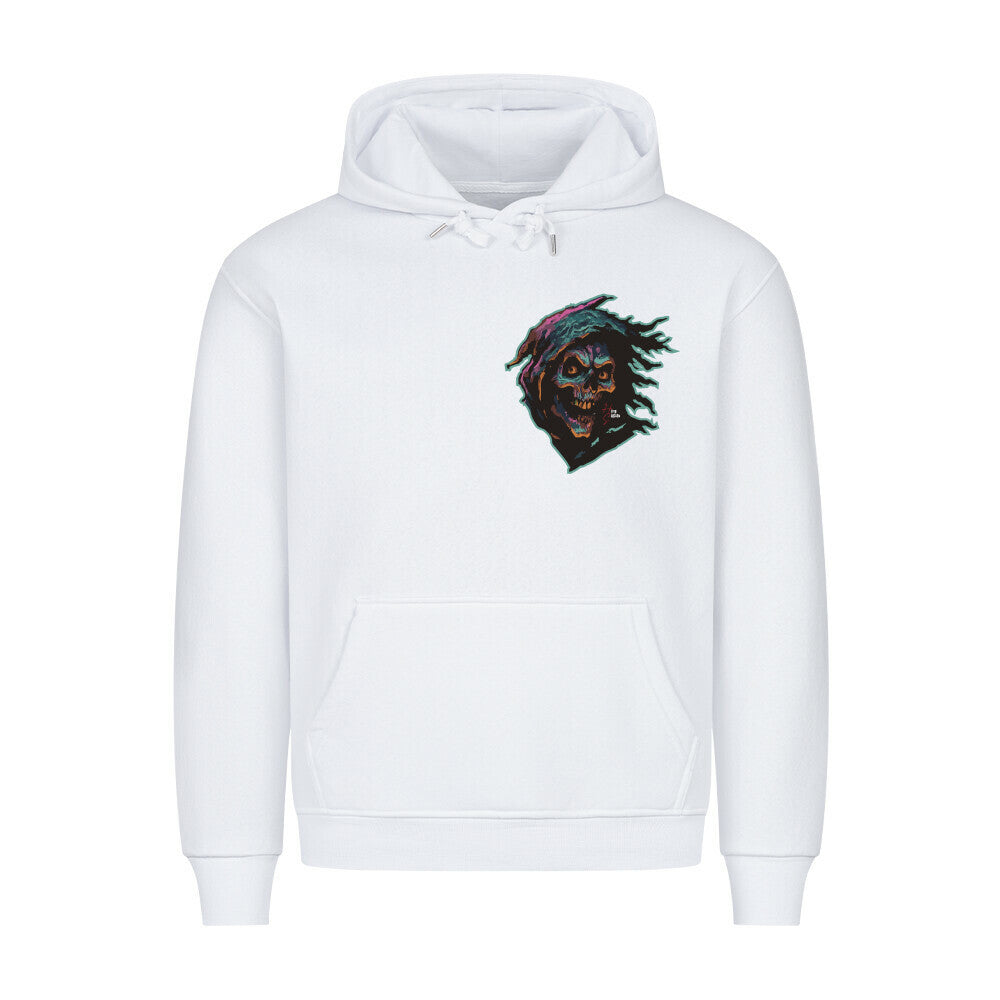 HigherBlanks Premium Hoodie in Weiß mit einem Halloween Sensenmann Motiv und Hyped Sarcasm Logo auf Brusthöhe Vorderansicht