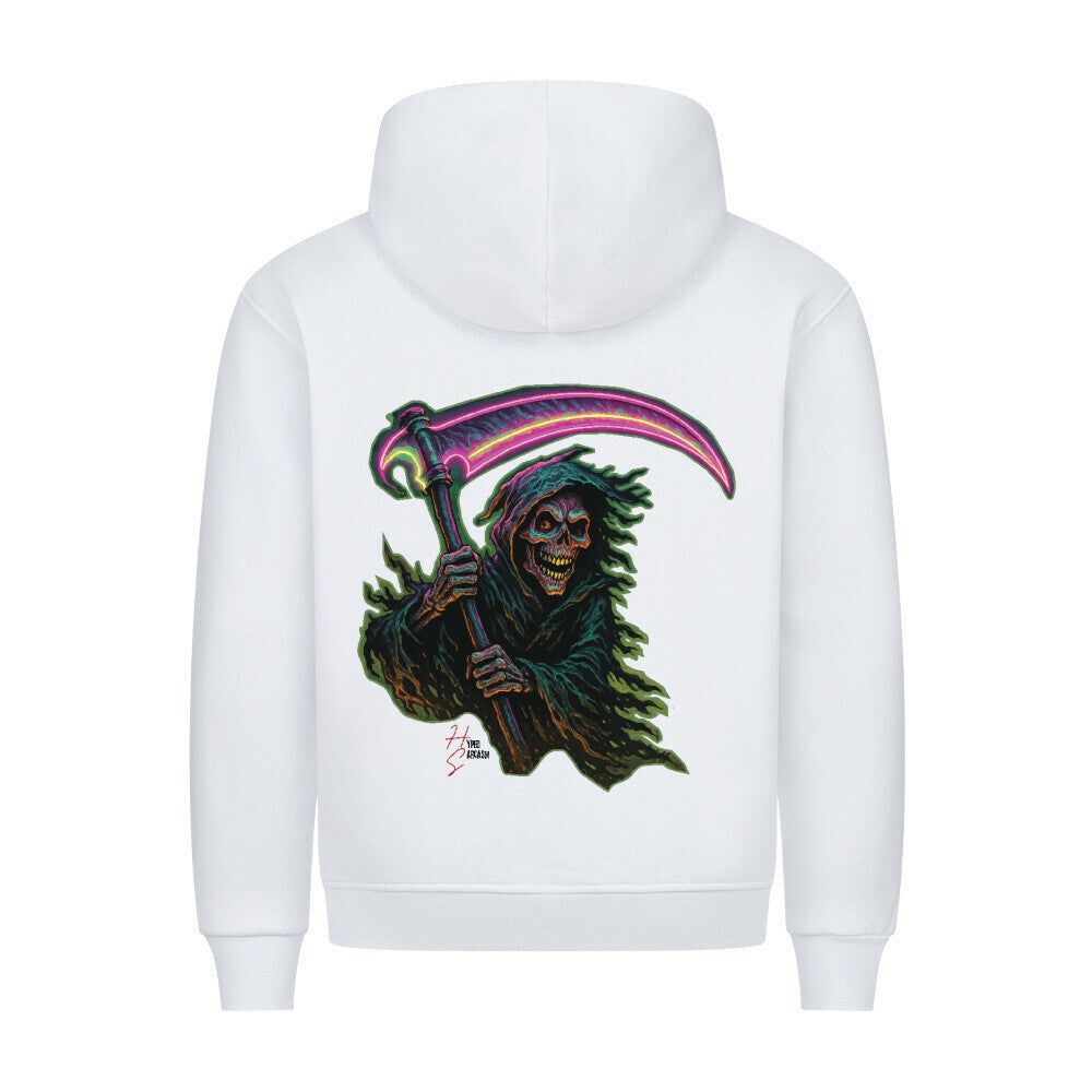 HigherBlanks Premium Hoodie in Weiß mit einem Halloween Sensenmann Motiv und Hyped Sarcasm Logo Rückansicht