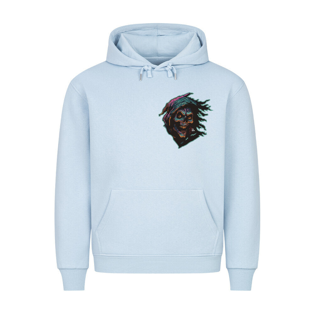 HigherBlanks Premium Hoodie in Babyblau mit einem Halloween Sensenmann Motiv und Hyped Sarcasm Logo auf Brusthöhe Vorderansicht