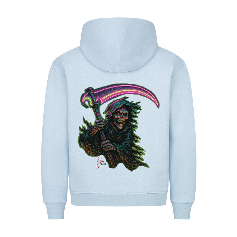 HigherBlanks Premium Hoodie in Babyblau mit einem Halloween Sensenmann Motiv und Hyped Sarcasm Logo Rückansicht