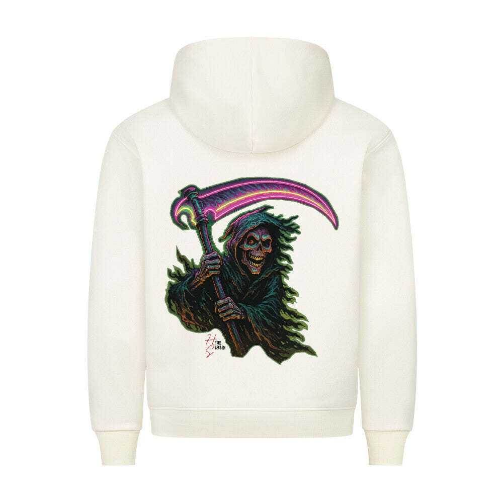 HigherBlanks Premium Hoodie in Beige mit einem Halloween Sensenmann Motiv und Hyped Sarcasm Logo Rückansicht