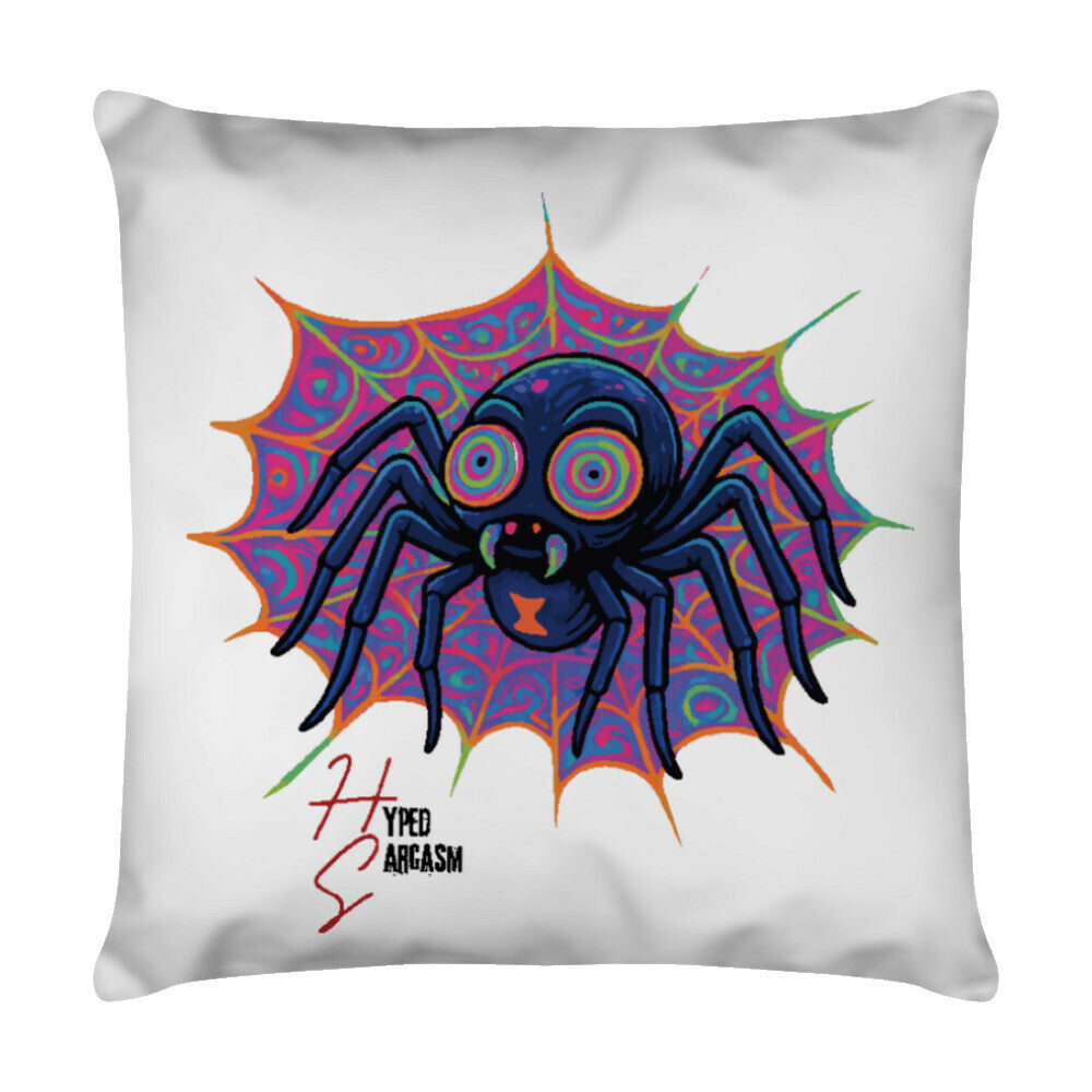 Deko Kissen mit einer Spinne die in einem Netz sitzt Motiv und Hyped Sarcasm Logo
