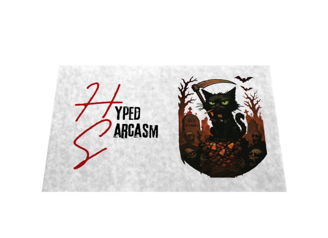 Fußmatte mit Halloween Katze mit Sense Design und Hyped Sarcasm Logo vertikal