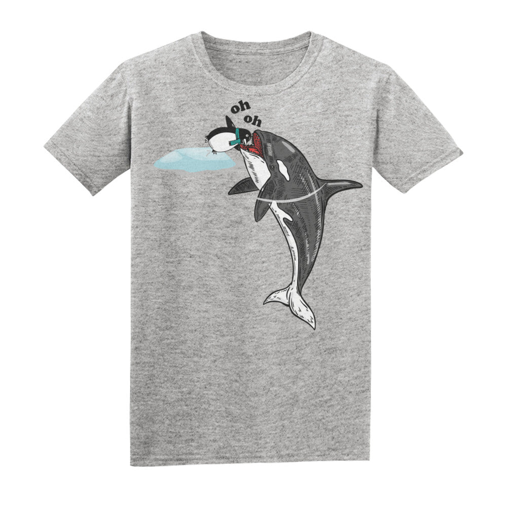 Basic Shirt Unisex in Heather Grey mit Wal und Pinguin Motiv