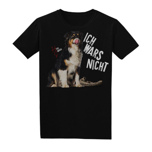Basic Shirt Unisex in Schwarz mit unschuldigem Hund und dem Schriftzug "Ich wars nicht" und Hyped Sarcasm Logo