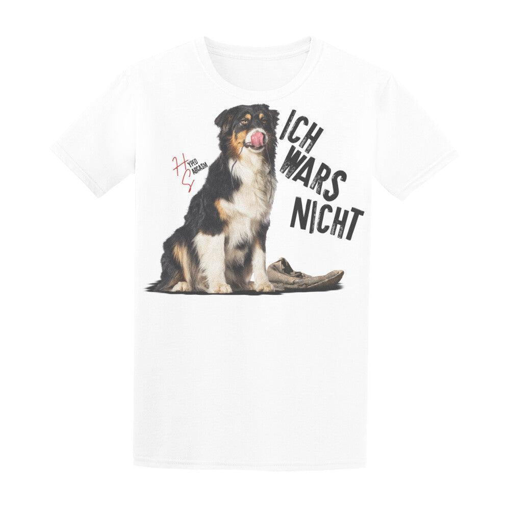 Basic Shirt Unisex in Weiß mit unschuldigem Hund und dem Schriftzug "Ich wars nicht" und Hyped Sarcasm Logo