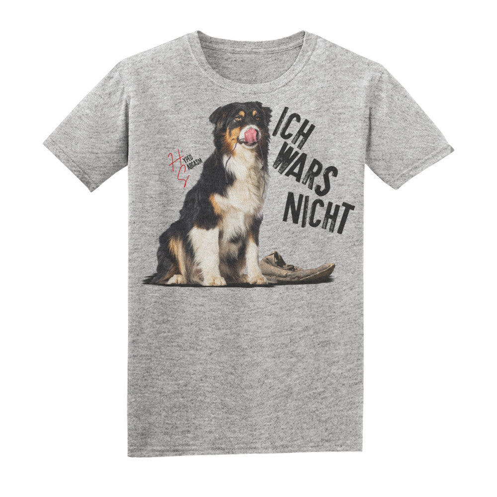 Basic Shirt Unisex in Heather Grey mit unschuldigem Hund und dem Schriftzug "Ich wars nicht" und Hyped Sarcasm Logo