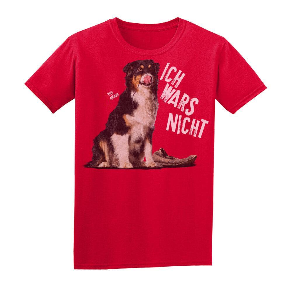 Basic Shirt Unisex in Rot mit unschuldigem Hund und dem Schriftzug "Ich wars nicht" und Hyped Sarcasm Logo