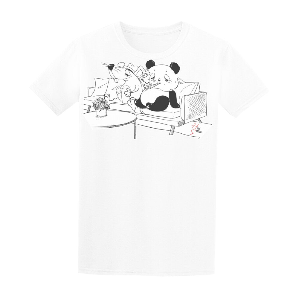 Basic Shirt Unisex in Weiß mit Panda und Maus auf Sofa und Hyped Sarcasm Logo