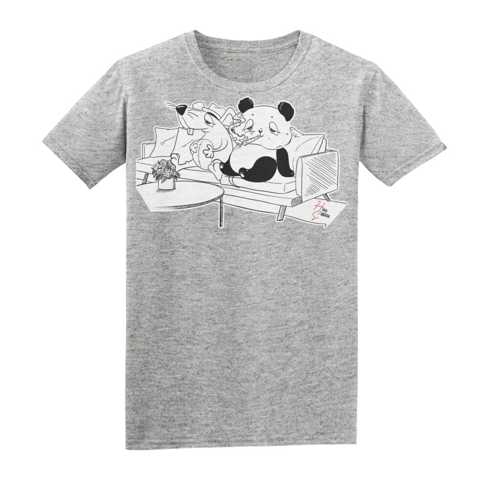 Basic Shirt Unisex in Heather Grey mit Panda und Maus auf Sofa und Hyped Sarcasm Logo