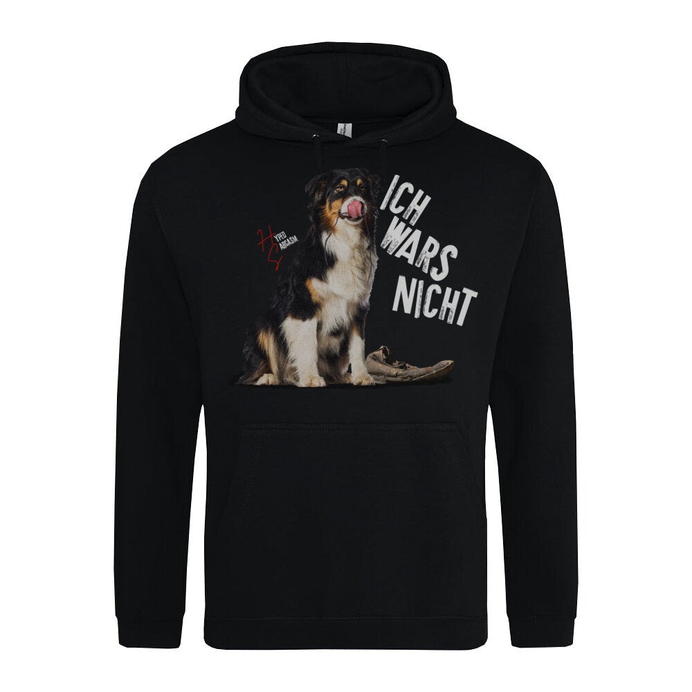Classic Hoodie in Schwarz mit unschuldigem Hund Motiv und dem Schriftzug "Ich wars nicht" und dem Hyped Sarcasm Logo