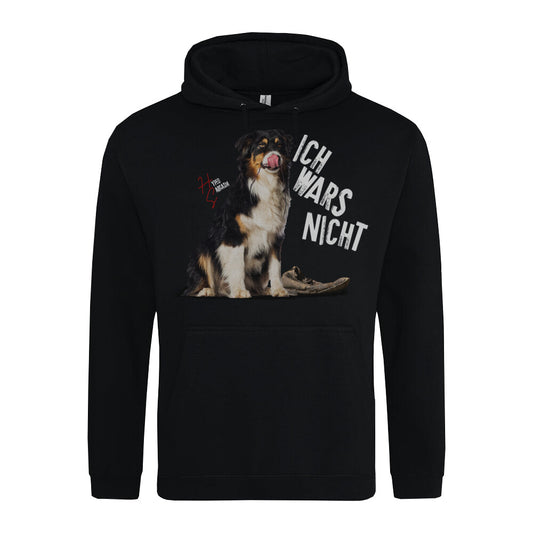 Classic Hoodie in Schwarz mit unschuldigem Hund Motiv und dem Schriftzug "Ich wars nicht" und dem Hyped Sarcasm Logo