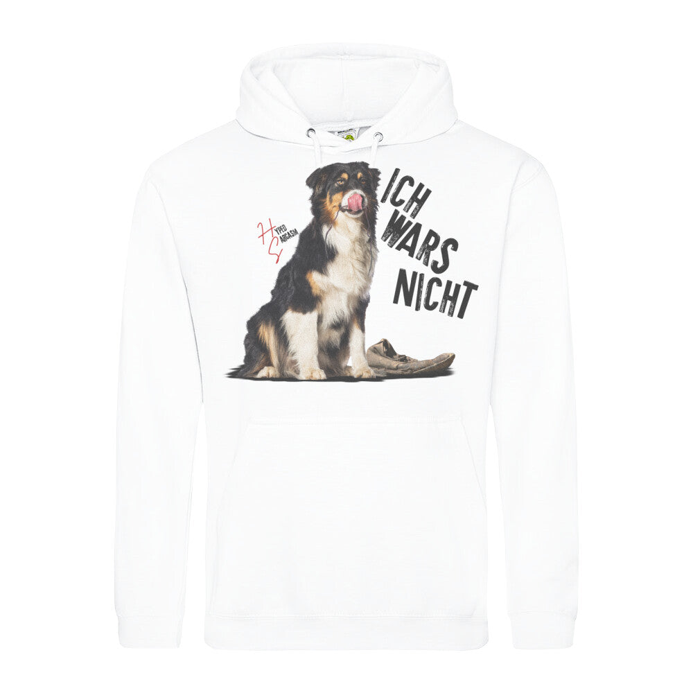 Classic Hoodie in Weiß mit unschuldigem Hund Motiv und dem Schriftzug "Ich wars nicht" und dem Hyped Sarcasm Logo
