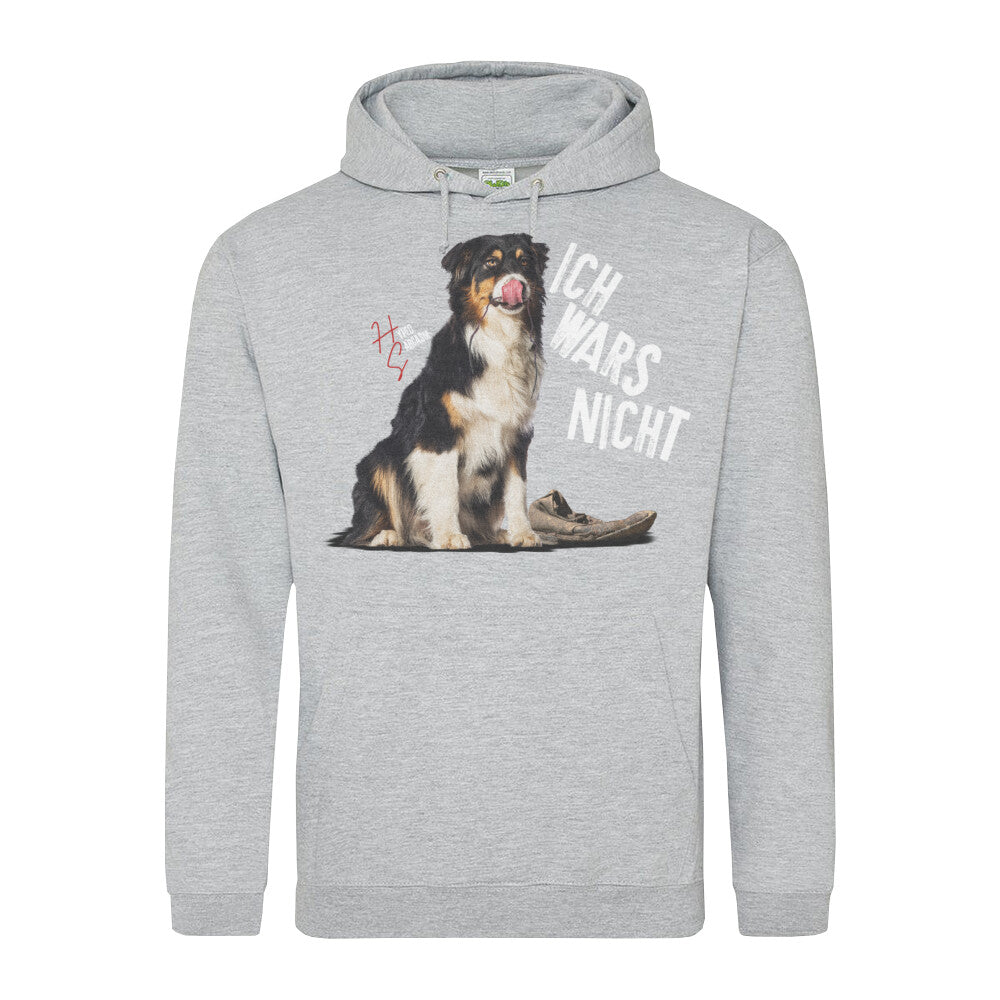Classic Hoodie in Heather Grey mit unschuldigem Hund Motiv und dem Schriftzug "Ich wars nicht" und dem Hyped Sarcasm Logo