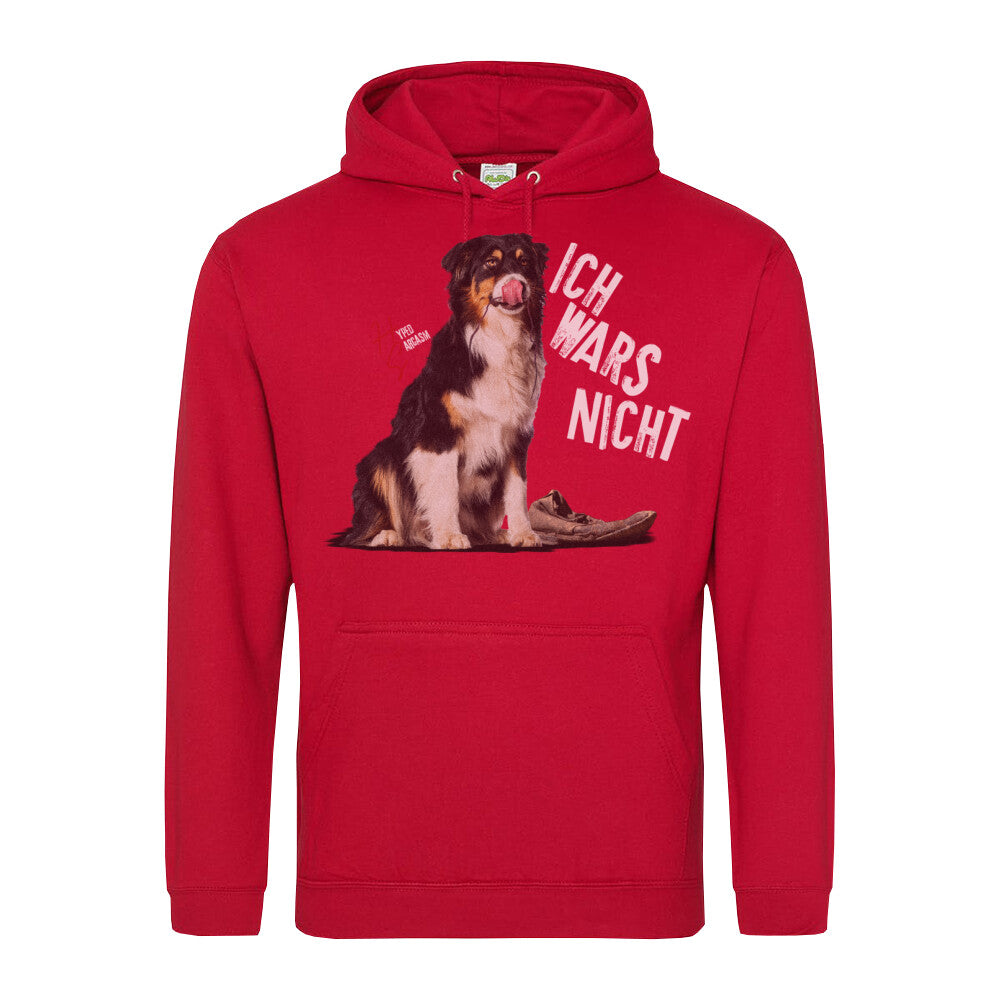 Classic Hoodie in Rot mit unschuldigem Hund Motiv und dem Schriftzug "Ich wars nicht" und dem Hyped Sarcasm Logo