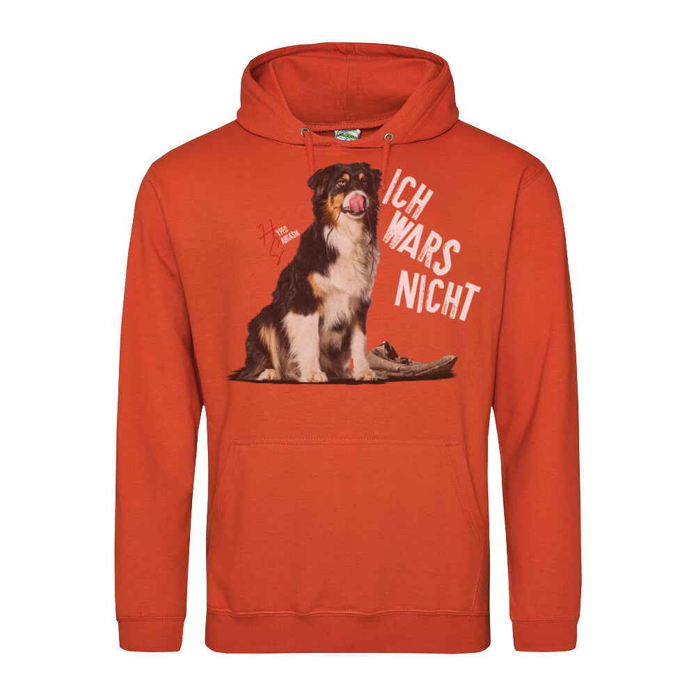 Classic Hoodie in Orange mit unschuldigem Hund Motiv und dem Schriftzug "Ich wars nicht" und dem Hyped Sarcasm Logo