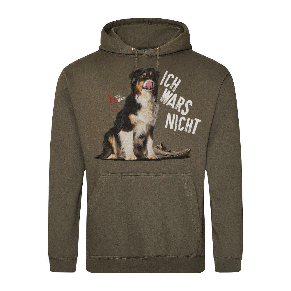 Classic Hoodie in Olive mit unschuldigem Hund Motiv und dem Schriftzug "Ich wars nicht" und dem Hyped Sarcasm Logo