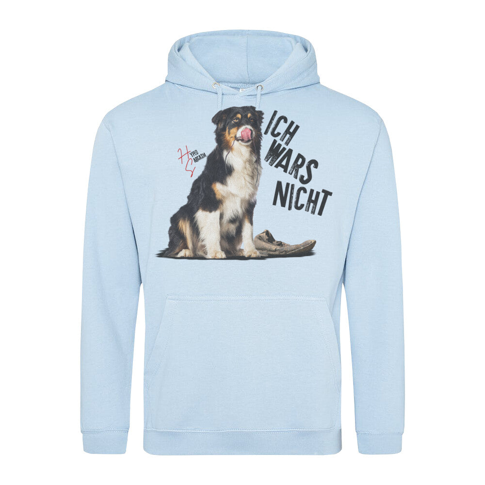 Classic Hoodie in Babyblau mit unschuldigem Hund Motiv und dem Schriftzug "Ich wars nicht" und dem Hyped Sarcasm Logo