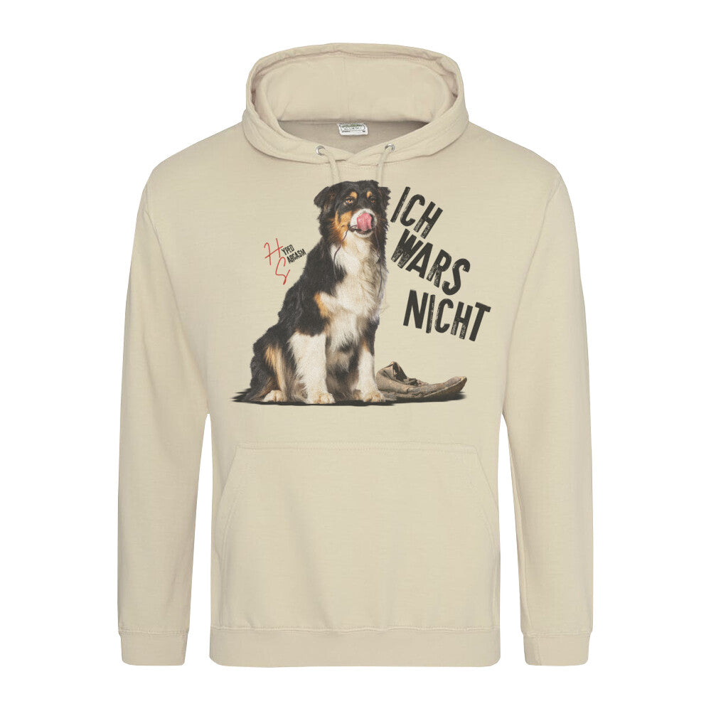 Classic Hoodie in Beige mit unschuldigem Hund Motiv und dem Schriftzug "Ich wars nicht" und dem Hyped Sarcasm Logo