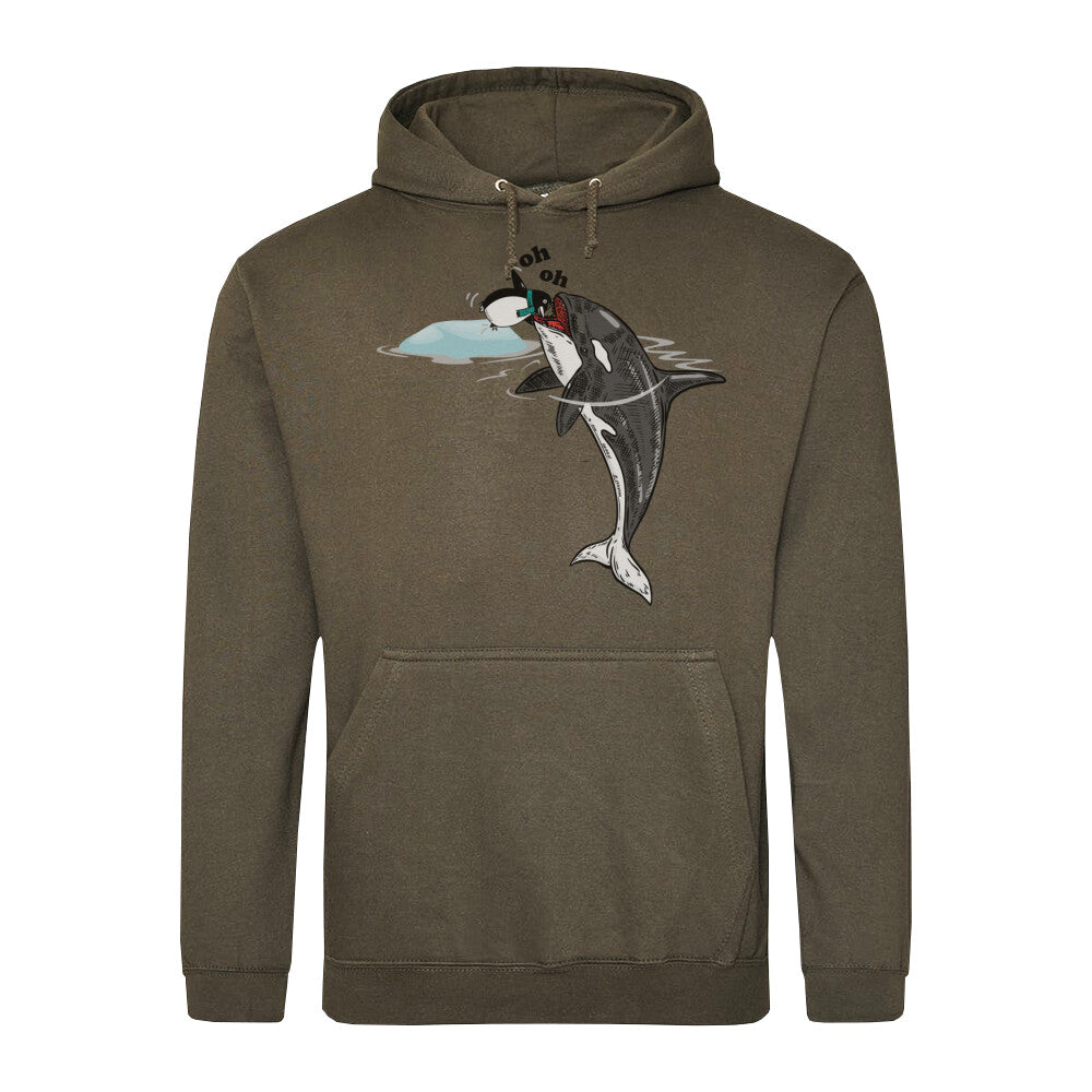 Classic Hoodie in Olive mit Wal und Pinguin Motiv